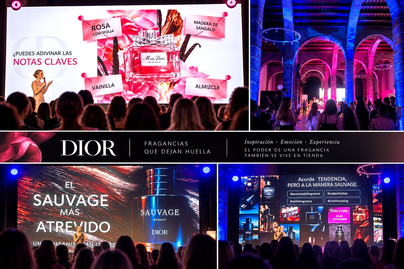 Collage de la presentación de Dior con Miss Dior Eau de Parfum y Sauvage Extrait en pantalla ante el público del evento