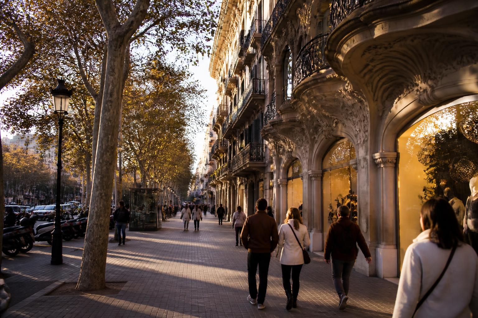 Calle comercial de Barcelona al atardecer con clientes paseando frente a los escaparates